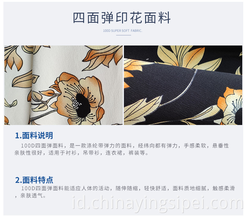 Harga pabrik dicetak gaun tekstil 110gsm kain crepe untuk dijual